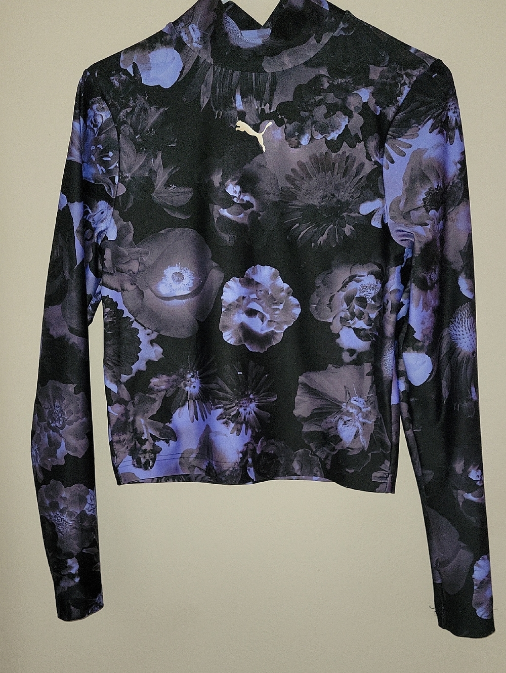 Puma Black Long-Sleeve Floral Performance Top with Purple Print